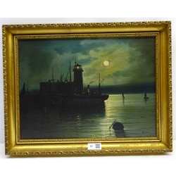  Walter Linsley Meegan (British c1860-1944): Steam Trawler near the Lighthouse Scarborough by Moonlight, oil on canvas signed 29cm x 39cm  