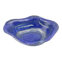 Carved bowl, flat-bottomed bowl carved from a single piece of Lapis lazuli with flared rim, H8cm, L21cm