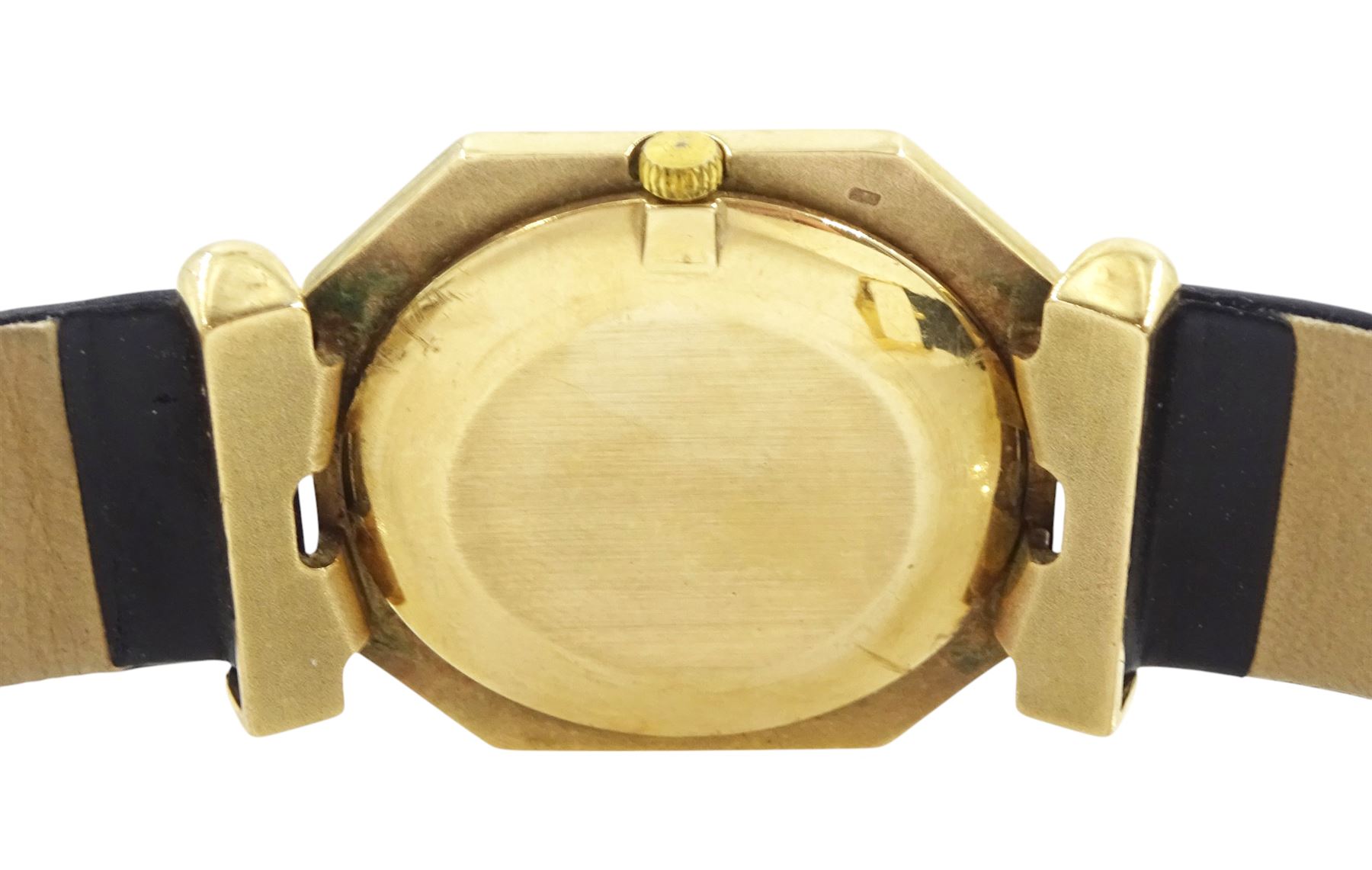 Bueche-Girod gentleman's 9ct gold quartz wristwatch, white dial with Roman numeral hour markers, London 1979, on black leather strap