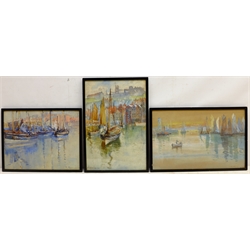  Boats Moored in Whitby and Scarborough Harbours, three watercolours signed by Frank Rousse (British fl.1895-1917), each dated '96, max 23cm x 36cm (3)  