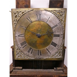  George lll oak longcase clock 11.5in square brass Roman dial engraved George Bishop, Redmile, with a Sun, 30hr movement striking on a bell, H192cm  