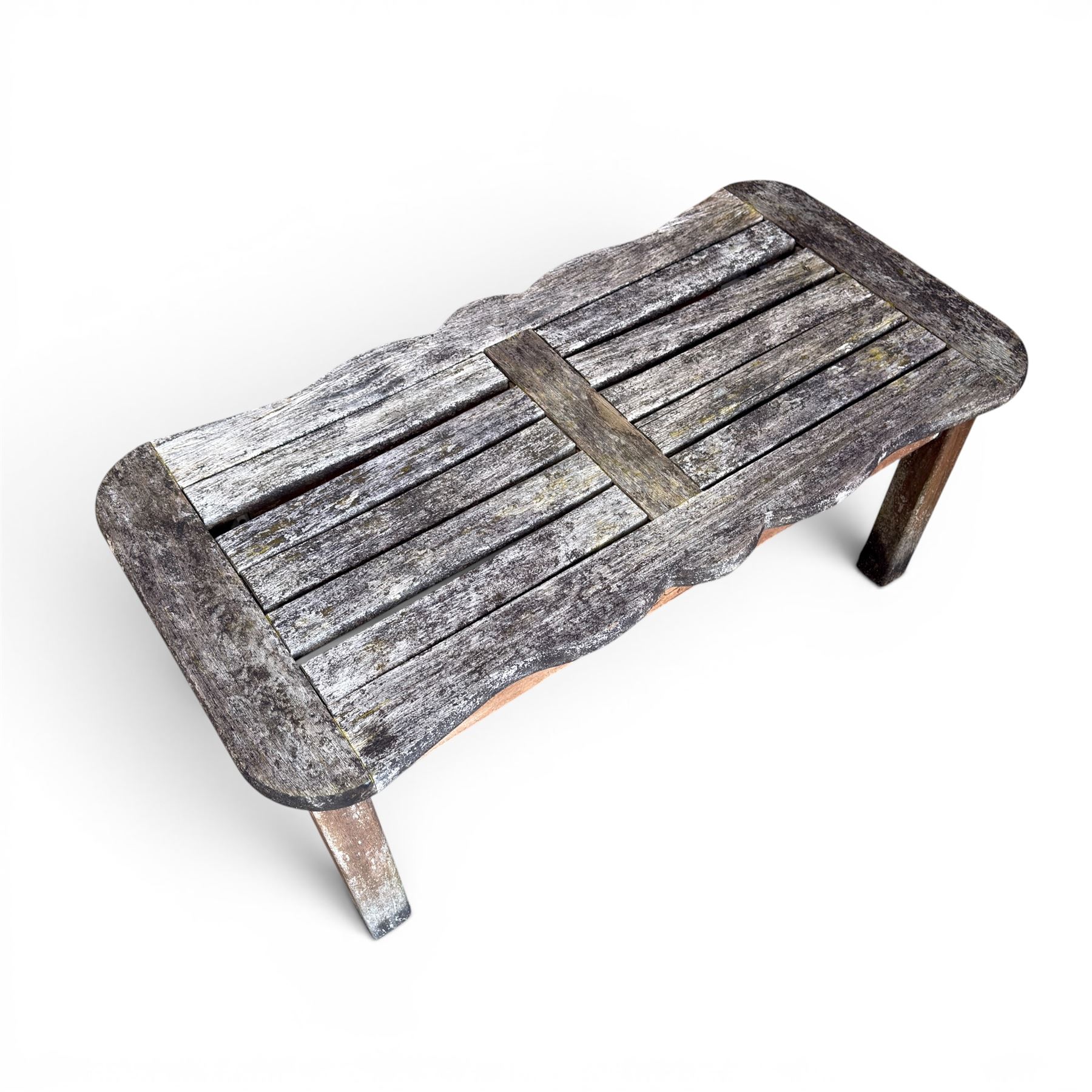 Teak garden bench, wavy shaped rail and slatted seat, with matching coffee table (2)