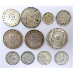  Collection of World silver coinage including 1896 Nicholas II rouble,  United States of America 1892S quarter dollar, Serbia 1915 dinar and two dinar, two South African 1895 2 1/2 shillings and other World silver coins  