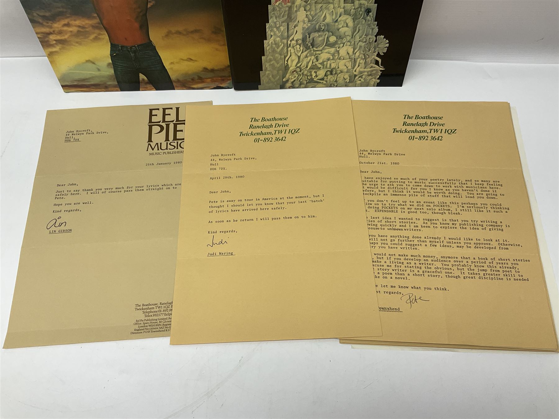 Pete Townshend 'The Who' - archive of correspondence with John Bycroft of Hull acknowledging receipt of various song lyrics sent by him to Townshend 1977 - 1982; comprising eighteen letters on varying letter heads including personalised; embossed; The Boathouse Ranelagh Drive Twickenham; No.2 The Embankment Twickenham; and Eel Pie Music; there are two undated manuscript letters signed Pete; and sixteen typed letters either signed Pete Townshend (3), Pete (4), Judi (Waring), Lin (Gibson) or Carla Rankine; together with The Story of Tommy by Richard Barnes and Pete Townshend and two other books on The Who.