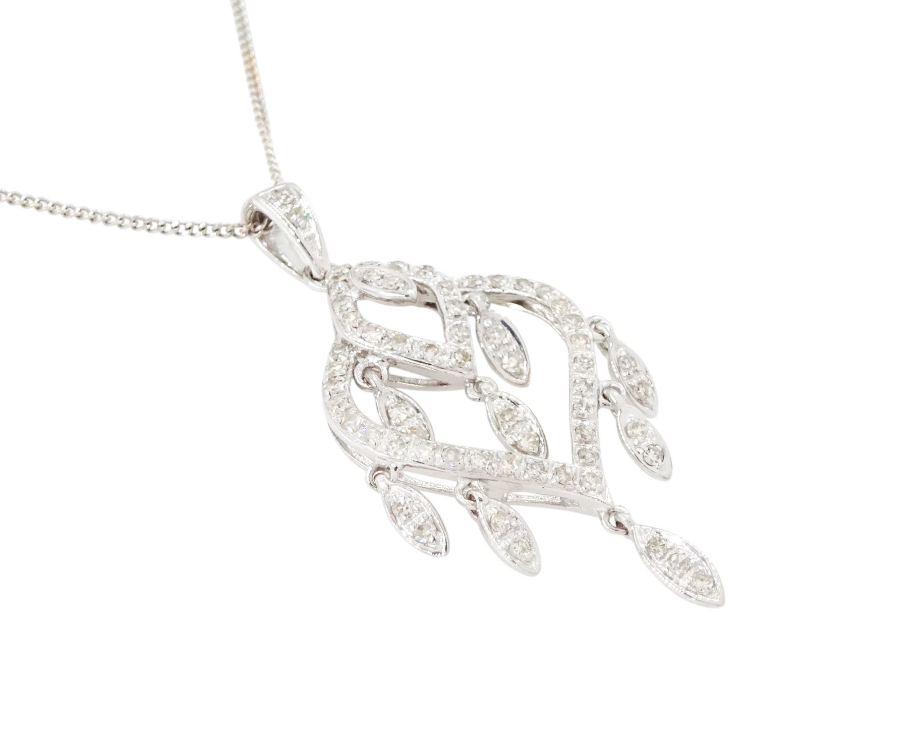9ct white gold diamond pendant necklace, the openwork pendant set with single cut diamonds, suspending further single cut diamonds, both hallmarked