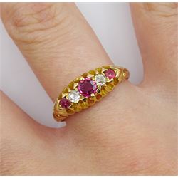 Early 20th century 18ct gold five stone ruby and diamond ring, hallmarked