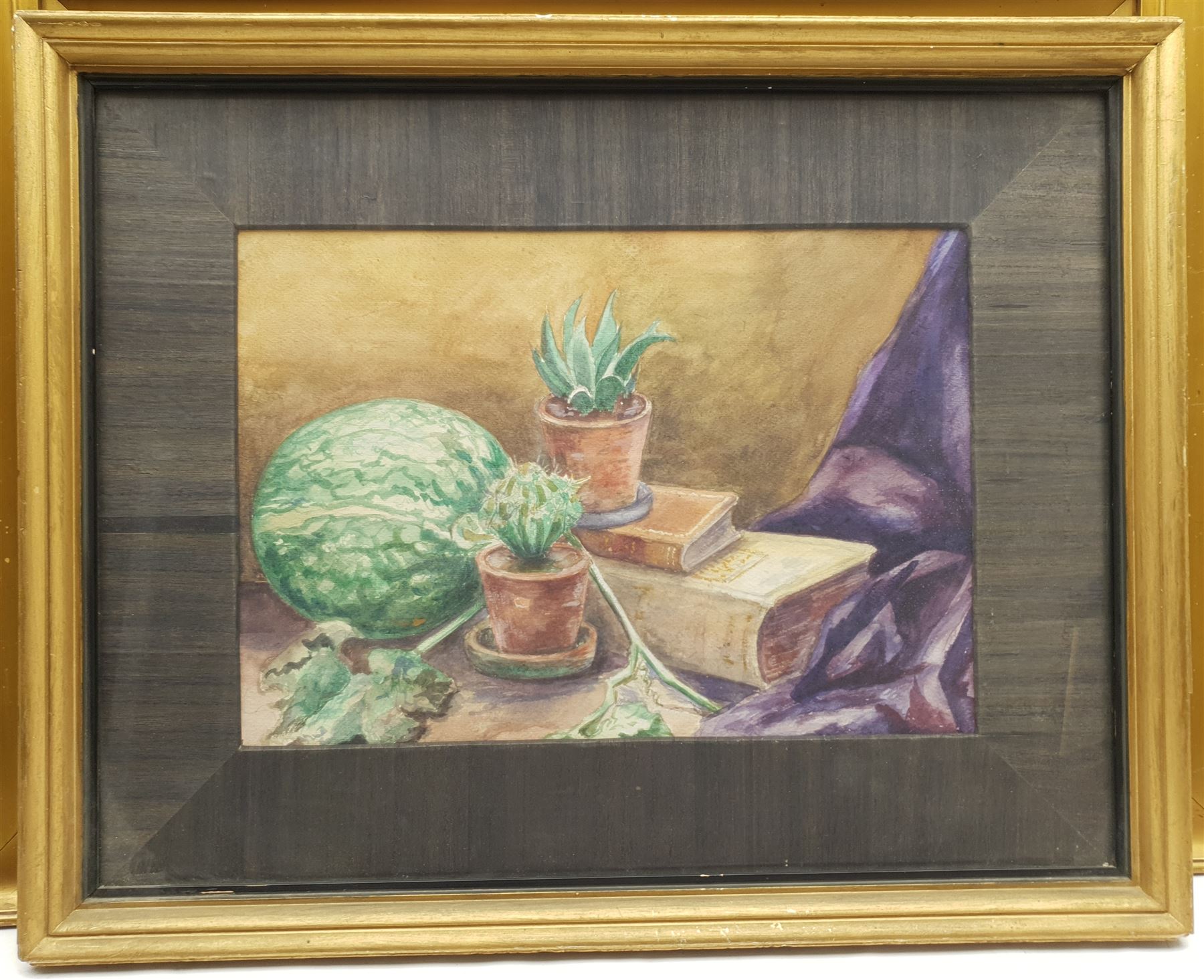 C M Williams (British 19th/20th century): Figures on the Quayside, watercolour signed 34cm x 50cm; English School (20th century): Still Life with Cacti, watercolour unsigned 25cm x 36cm (2)