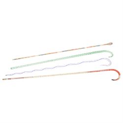 Four Victorian glass walking canes, to include two 'frigger' examples, one with blue twist design and two 'hundreds and thousands' examples, one with a knop finial and filled with micro beads, longest L105cm