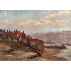 C Holmes (British 19th/20th Century): Clouds over Whitby, oil on canvas signed, 24cm x 34cm; Hely Augustus Morton Smith (British 1862-1941): Entering Whitby Harbour, watercolour signed 42cm x 30cm; W Berkeley (British 19th Century): The Doorway, watercolour signed and dated '04, 23cm x 19cm (3)