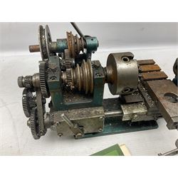 Cowells of Norwich model 90 modelmaker's lathe with handbook, the Pratt Bernard 4-jaw chuck with 4cm centre height and 7.5cm throw L44.5cm; together with an unrelated Hobbymat horizontal cross-slide with 4-way tool post (2)