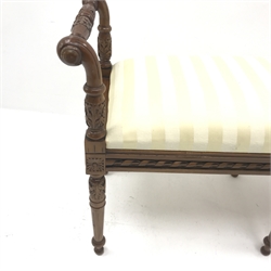  Regency style mahogany window bench seat, carved scrolled arms, six turned and fluted supports, W116cm, H66cm, D41cm  