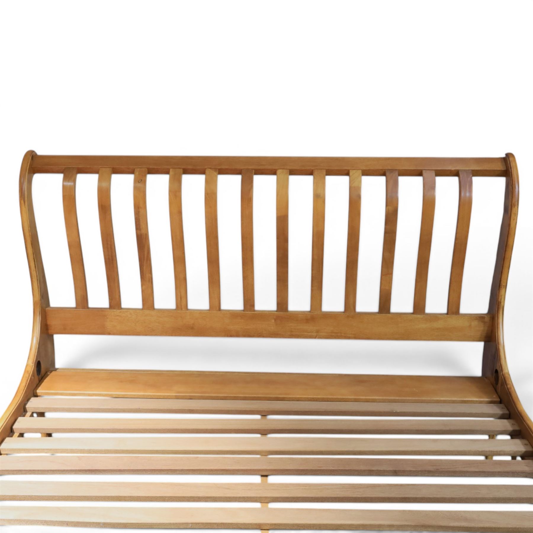 Willis & Gambier - fruitwood double sleigh bed with a slatted wooden base