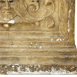 D Brucciani, London - After the antique -  A relief moulded plaster panel No2538 with stylised trailing leaves, flower heads and a mask 62cm x 22cm