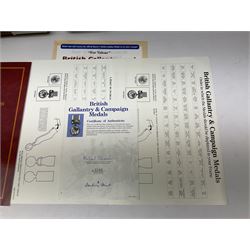 Two limited edition large framed display boards with half-size copies of British Gallantry and Campaign Medals produced by Danbury Mint and entitled 'For Valour'. Sixty medals on each board, all with ribbons. Complete with Danbury Mint certificate serial number A0148 and other paperwork.