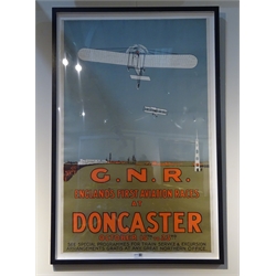  Vintage Aviation poster 'G.N.R. England's First Aviation Races at Doncaster', 104cm x 67cm, ebonised frame  