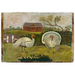 American Primitive / Naïve School (19th/20th century): Two Turkeys, oil on panel unsigned 30cm x 42cm