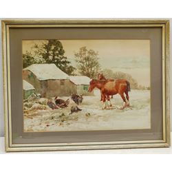 John Guttridge Sykes (British 1866-1941): Horses and Turkeys in a Snowy Farmyard, watercolour signed 25cm x 34cm