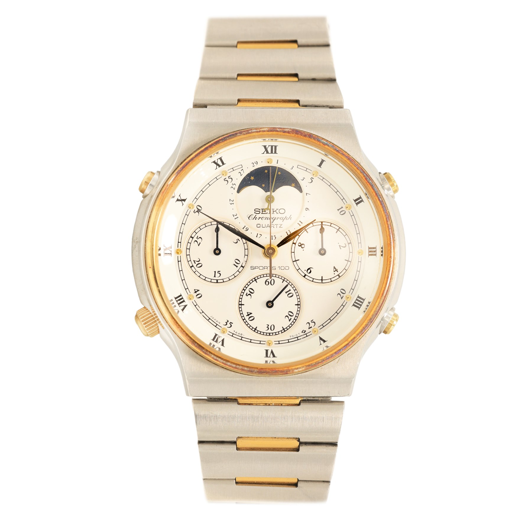 Seiko Sports 100 gentleman's stainless steel chronograph quartz wristwatch, Ref. 7A48-7000  white dial with subsidiary dials and moonphase, on original bracelet with fold-over clasp