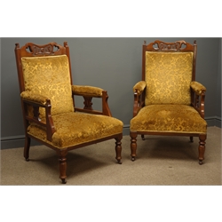  Pair Edwardian walnut framed drawing room arm chairs, carved cresting rail, upholstered back seat and arms in floral velvet, turned supports, W65cm  