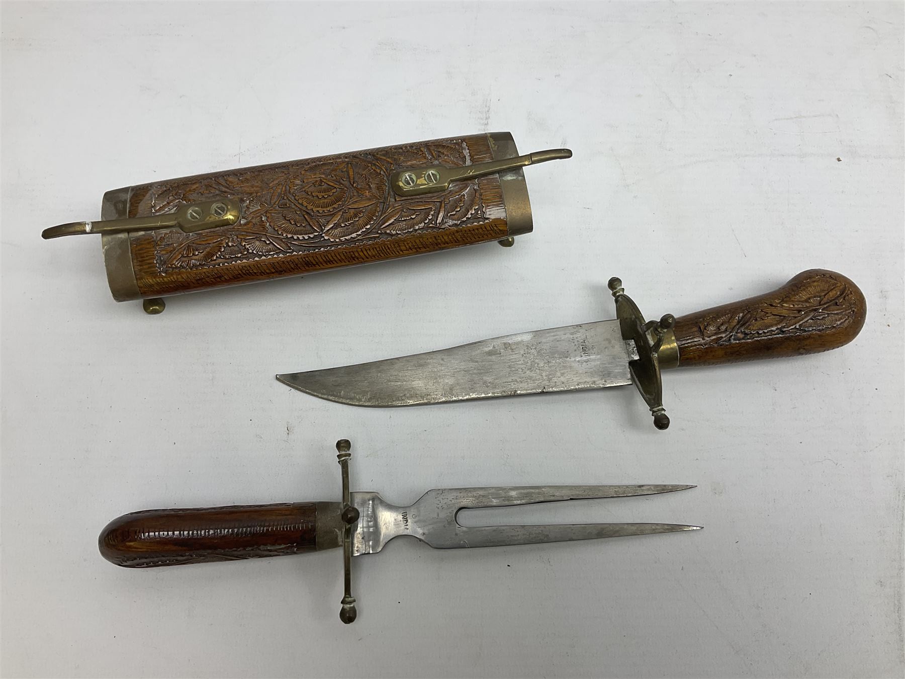 Early 20th century Indian wooden fish scabbard knife and fork serving set, together with other carving instruments with antler handles to include a Walker & Hall example