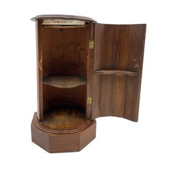 Victorian walnut cylinder pot cupboard, circular moulded top with white marble inset, single door enclosing shelf, on octagonal plinth base
