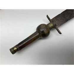 19th century continental folding knife with 15.5cm single edged blade, the pierced brass and iron handle with remains of horn grips L21.5cm overall closed; turned horn handled knife with foliate engraved blade; battlefield relic German 1884/98 knife bayonet; iron spear head; leather covered swagger stick; and two-piece gun cleaning rod