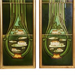 Pair of framed Art Nouveau fireside tile sets, each with five tube-lined tiles one depicting a kingfish, the other a swallow, above bulrushes, with a white lily pond beneath, H79cm