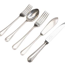 Late 20th century canteen of silver cutlery for twelve place settings, comprising fish knives, fish forks, soup spoons, dessert forks, dessert spoons, silver handled dessert knives, table forks, silver handled table knives, teaspoons, coffee spoons and four table spoons, each with beaded borders to handles, all hallmarked Argentum Ltd, Sheffield 1996, contained within a rectangular mahogany canteen with fitted green velvet interior