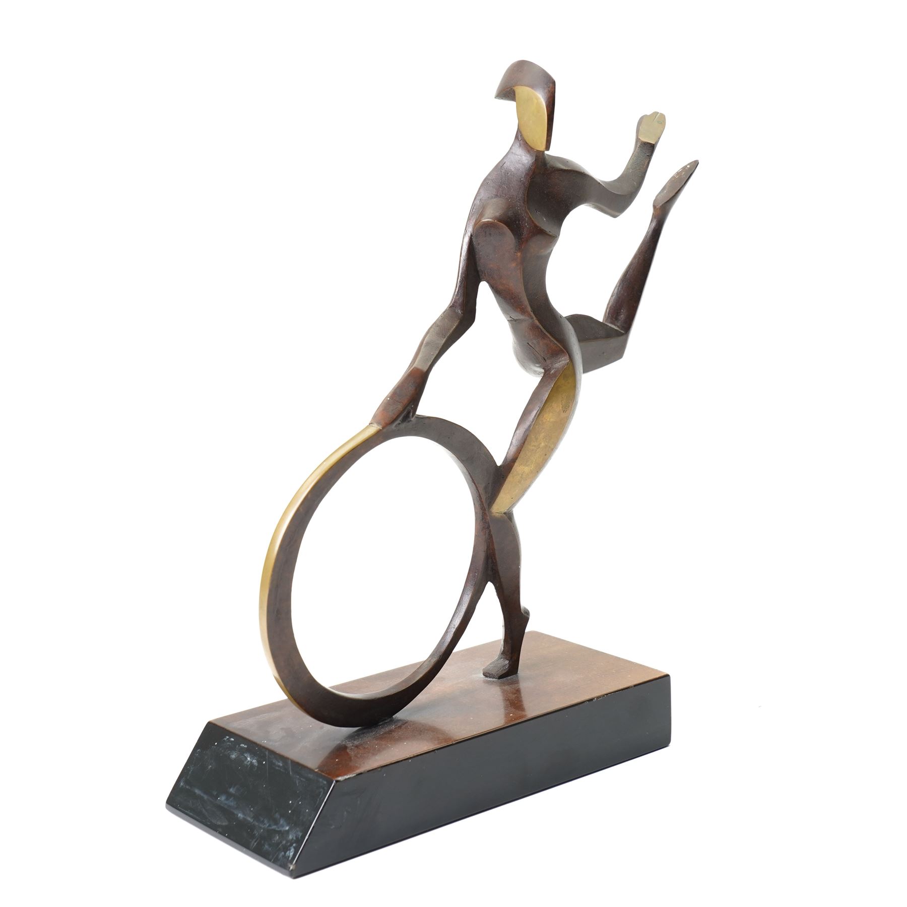 John Huggins FRBS (British 1938): 'Girl with Hoop', bronze sculpture upon black lacquered wooden base, H33cm, 