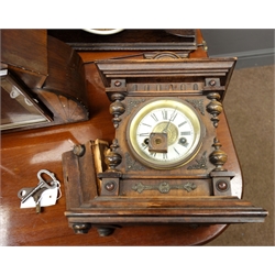  Victorian black slate and marble mantel clock, Art Deco period walnut and birds eye maple cased mantel clock, two early 20th century oak clocks, 'Lincoln' 31-day mahogany cased mantel clock and another early 20th century clock  