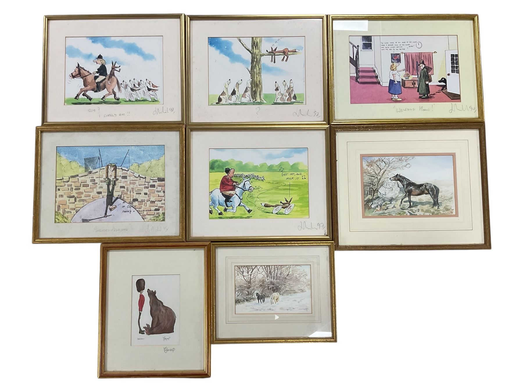 Jean Palmer: Ponies, two watercolours, together with six humorous prints (8)
