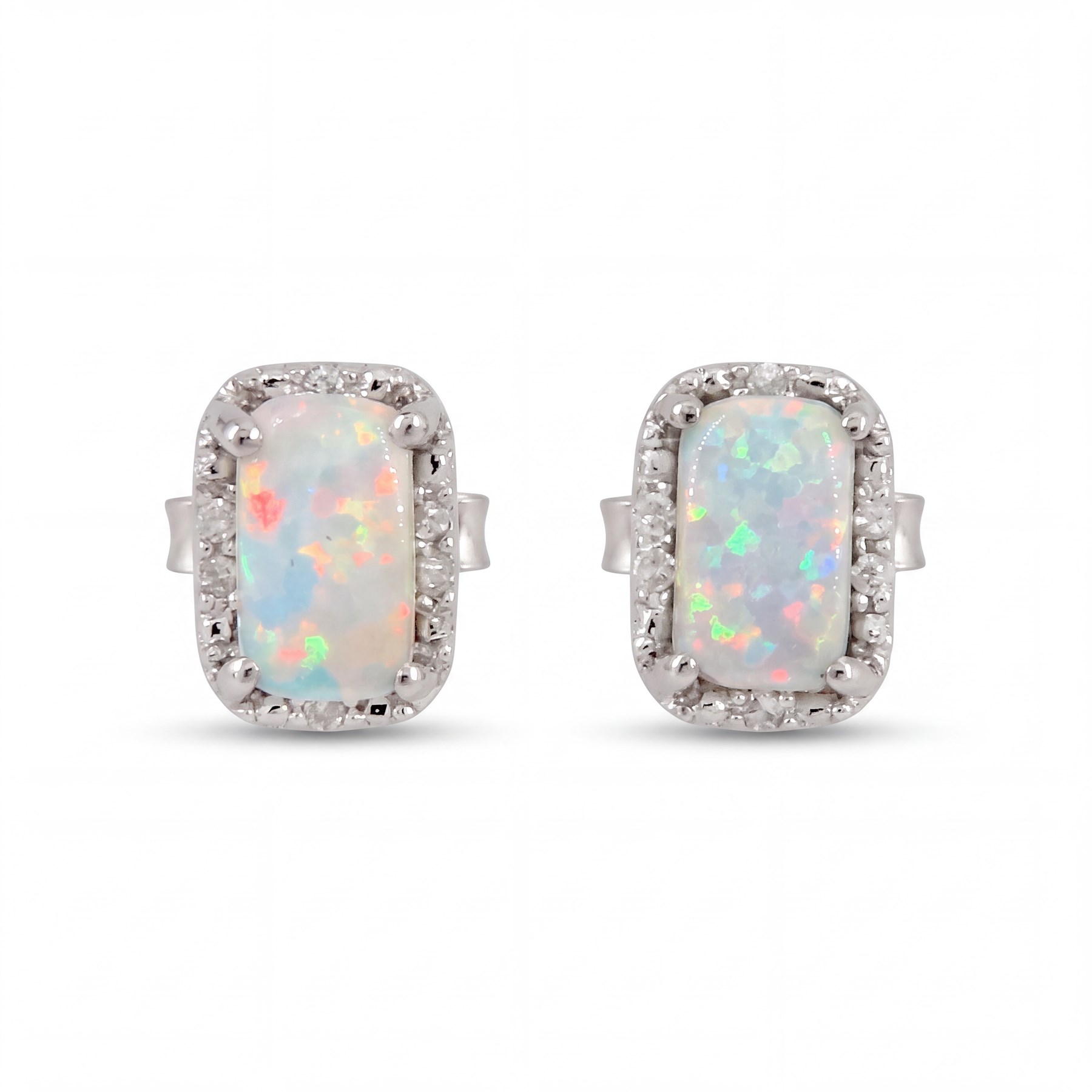 Pair of 9ct white gold opal and diamond stud earrings, stamped 375