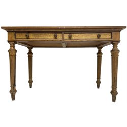 19th century walnut side table, rectangular top over two drawers with elm facias, lobe carved handles and moulded edge in mahogany, on turned and fluted supports 