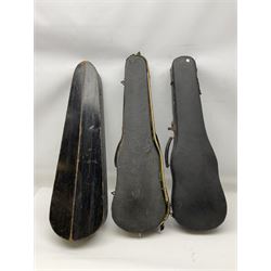 Czechoslovakian violin c1920 with 36cm two-piece maple back and ribs and spruce top, bears label 'Copy of Antonius Stradivarius Made in Czechoslovakia' L59cm; in carrying case; 1950s Czechoslovakian violin; and 195os Czechoslovakian three-quarter size violin; both cased (3)