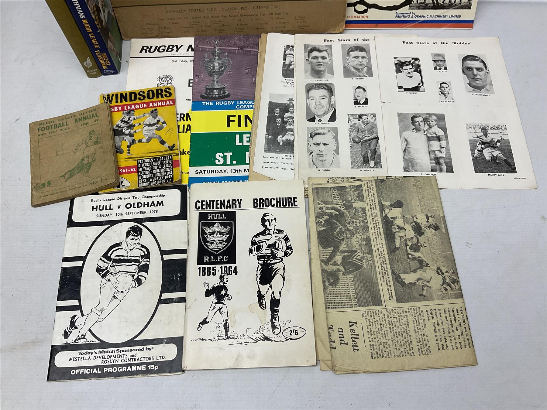 Rugby League - over thirty Hull Kingston Rovers match programmes 1950s/60s including home and away, various cup games, two 1969 single sheets and Last Match at Craven Park with ticket and club tie; five Challenge Cup Finals with tickets 1957-71 and 1962 signed by Eddie Waring; card mounted photograph of Barnsley United R.F.C. 1925/6; and other Rugby League ephemera