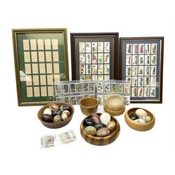 Quantity of cigarette cards to include three frames, and quantity of marble and agate eggs, turned wood bowls etc
