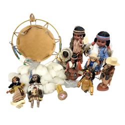 Collection of Native American sleep eye dolls to include approximately five Carlson examples, in traditional leather, beaded and fur dress, together with native style wall hanging, Large stuffed figure of Mother Goose, Ann Fuller designs Jack in the box and another with mother and baby, two Sheena Macleod Highland character dolls, Mole End tape measure, Peggy Nisbet Queen Elizabeth and others etc, tallest H85cm