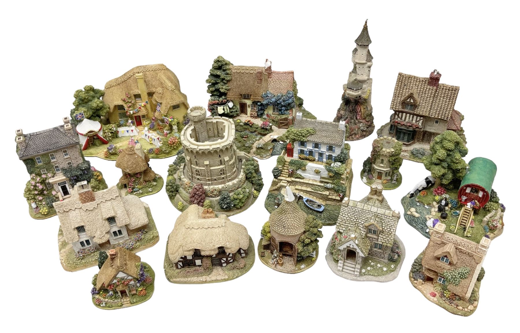 Sixteen Lilliput Lanes, to include The Golden Jubilee, Round Tower - Windsor Castle, Castle of the Golden Chalice, Travellers Rest, with box and deed,  Summer Days, Sunshine Creek, Writing with Lewis Carol, with box and deed,  etc 