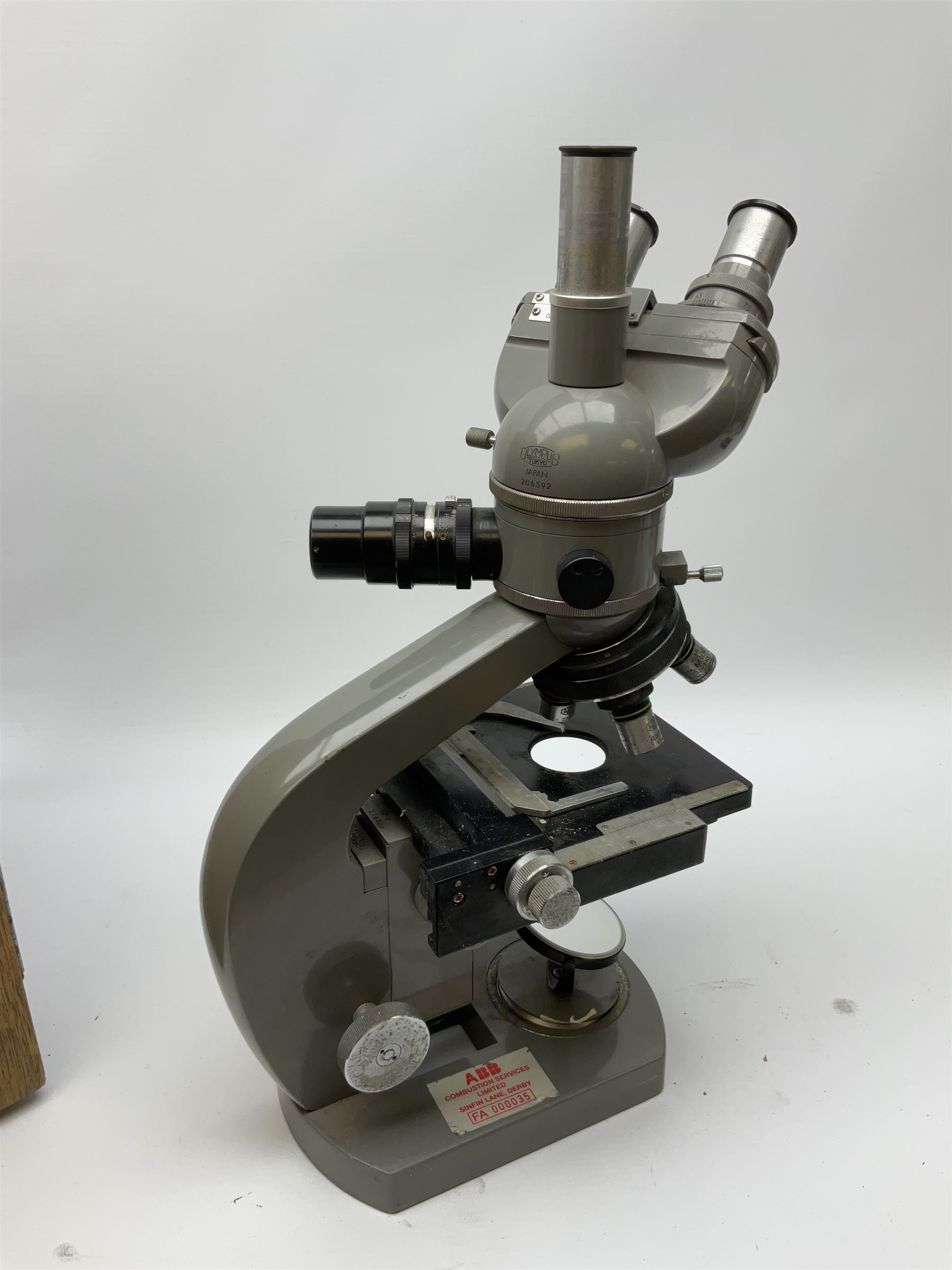 Olympus binocular microscope, numbered '222161', H37cm, in wooden case, untested