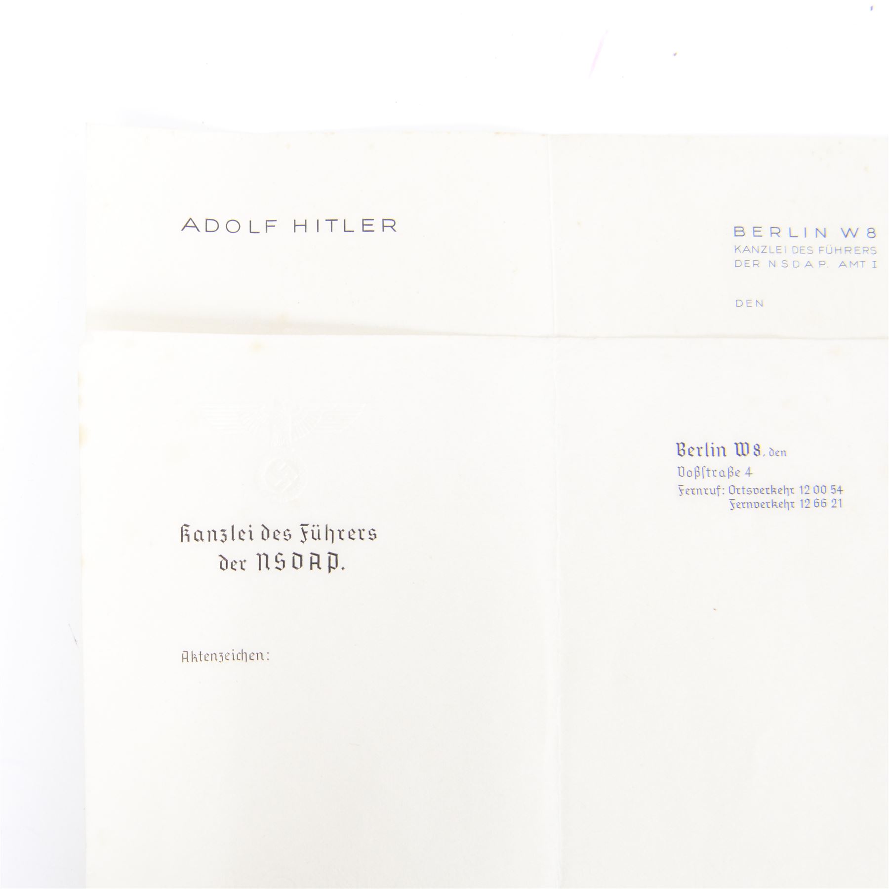 Adolf Hitler personal stationary, comprising three blank pieces of paper of varying sizes, one embossed to the top left Der Fuhrer, another Adolf Hitler, with his address Berlin W8 Kanzlei Des Fuhrers, Der NSDAP AMT 1, the third Kanzlei Des Fuhrers, Der NSDAP.
By vendor repute taken from Hitler’s desk in Berlin at the end of the war, by Harold Webster, one of the first soldiers who got into the war rooms 
