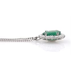 18ct white gold oval cut emerald and round brilliant cut diamond, cluster pendant necklace, hallmarked, emerald approx 4.00 carat
