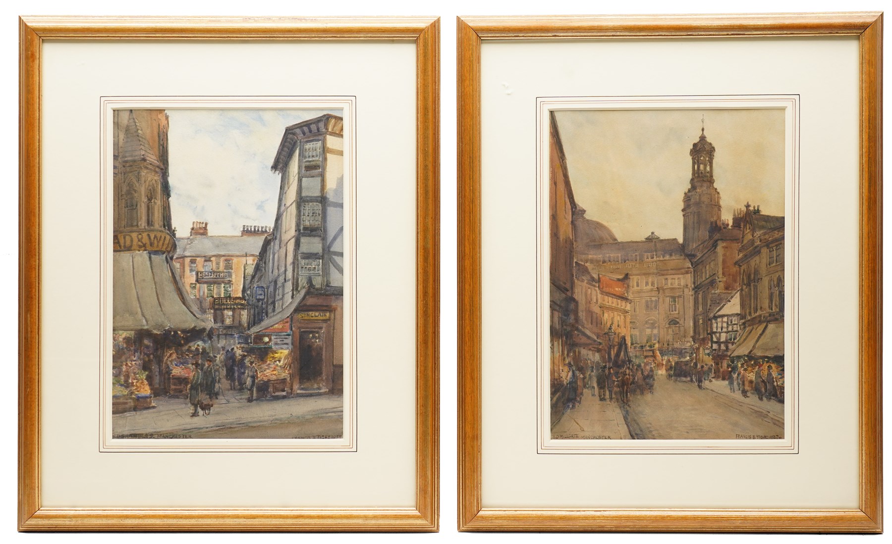Francis Browne Tighe (British c.1865-1936): 'Old Millgate' and 'Old Shambles - Manchester', pair of watercolours signed titled and dated 1927, in matching frames 34cm x 24cm (2)