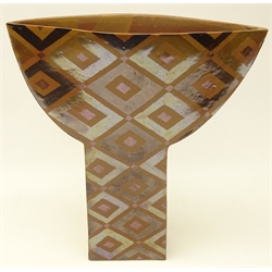  Peter Moss (British Contemporary) flat-faced sculptural vase, raku fired with diamond motif, incised P. Moss, 86, H34cm     