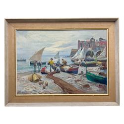 Continental School (Mid 20th century): Harbour Scene with Boats and Figures, oil on canvas indistinctly signed 50cm x 70cm