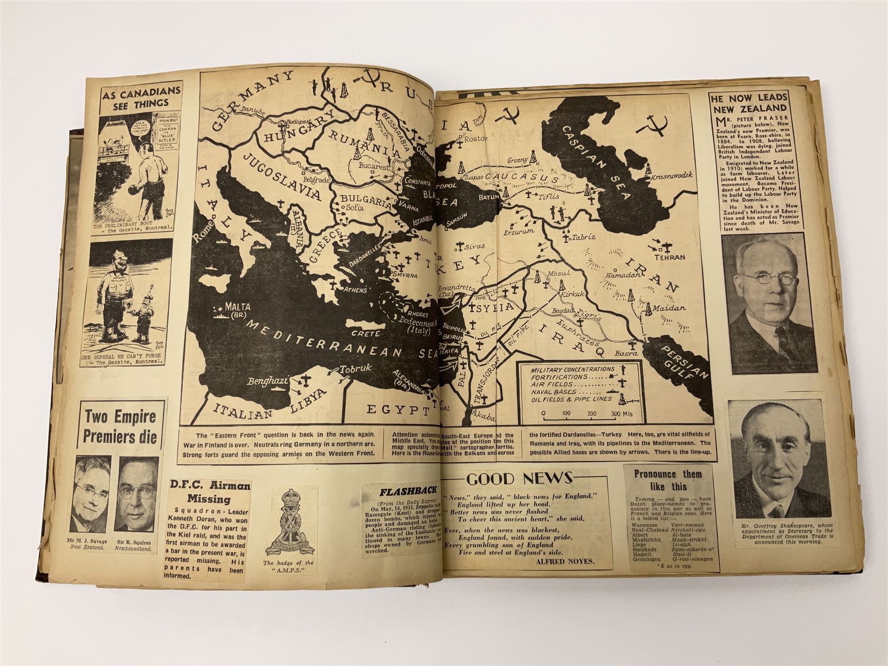 Album of WWII era paper ephemera, to include cartoon illustrations by George Goodwin Butterworth and Clive Uptton, articles and photographs