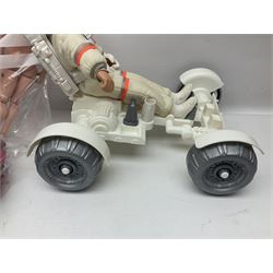 Action Man - large collection of 1960s and later figures and accessories including Spaceman with ATLRV vehicle; two figures marked 'Made in England by Palitoy under licence from Hasbro 1964'; twenty-five assorted weapons; radio backpacks; kit bags; twenty-one pairs of boots; football boots and snow shoes; metal diver's boots and three pairs of flippers; two pairs of jackboots; roller skates; various tunics, trousers, flying suits, jumpers, belts etc; twenty helmets, berets, busby, kepis, submariner etc; and quantity of other accessories