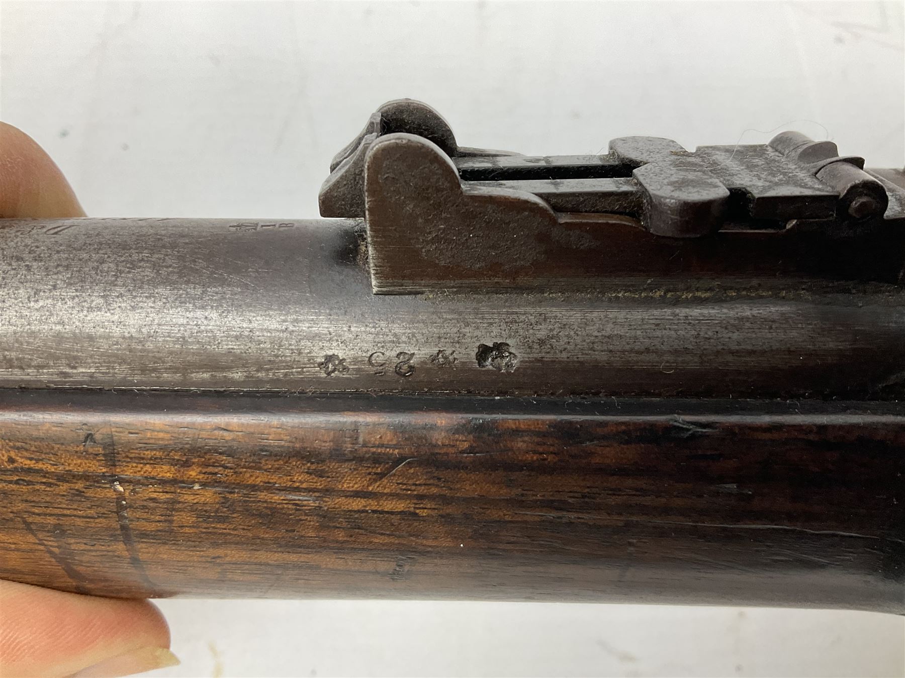 19th century D. & J. Fraser Edinburgh .577 Snider action gun, the 94cm barrel with three-groove rifling, three barrel bands and maker's name to top, full walnut stock with brass fittings, trigger guard inscribed J.D.M.,  L141cm