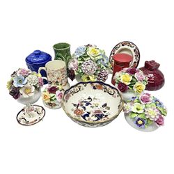 Five ceramic floral displays, including examples by Adderley and Royal Albert, together with Masons Mandalay pattern ceramics including bowl and photograph frame, etc