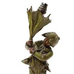 After Louis Auguste Moreau - The Gust of Wind, bronzed figure holding an umbrella, adapted as a table lamp H40cm