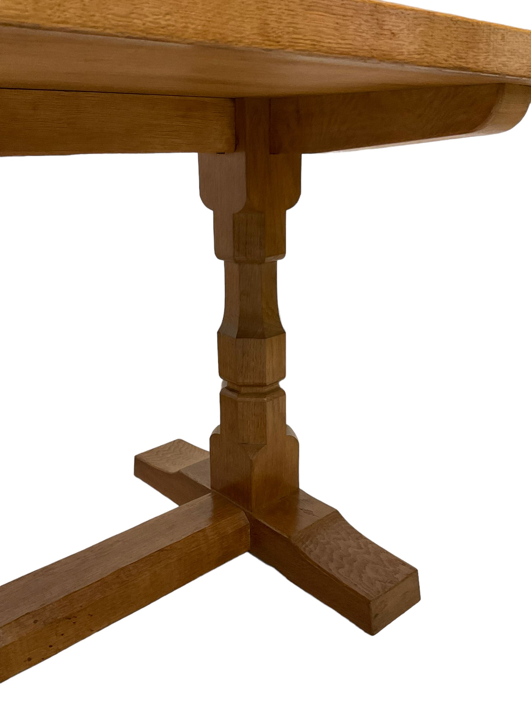 Mouseman - oak 6' refectory dining table, rectangular adzed and pegged top, two octagonal pillar supports on sledge feet joined by floor stretcher,  carved with mouse signature, by the workshop of Robert Thompson, Kilburn